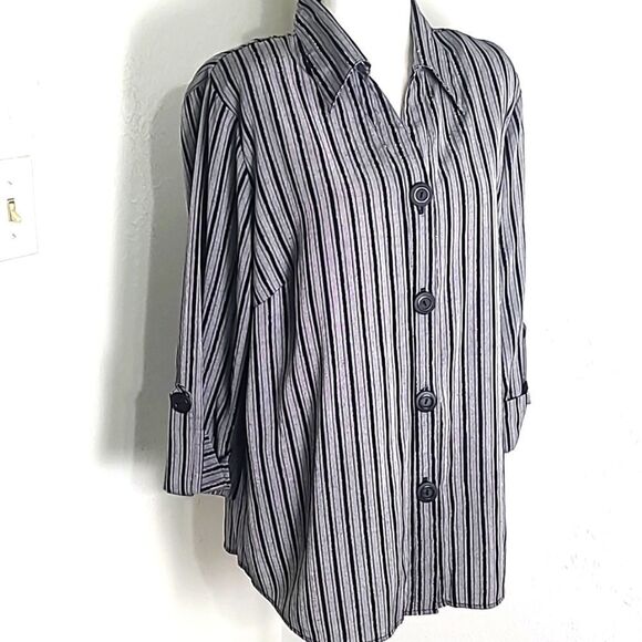 Gloria Lance Vintage Buttondown Blouse,Gray, Black & Metallic Stripe, Size 2X - Picture 2 of 9